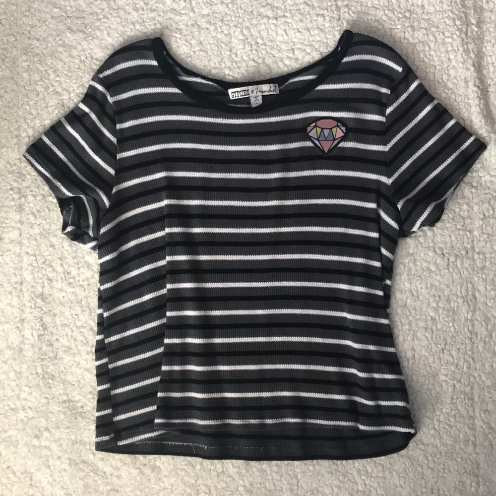 Stripped ringer tee with embroidered gem on front.